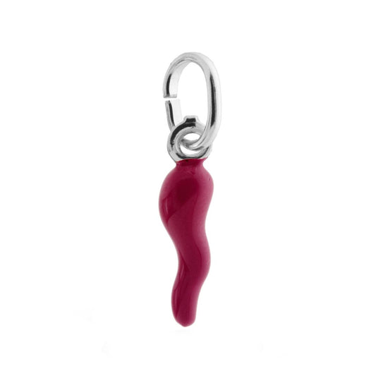 Ciondolo Portafortuna Corno Smaltato Fucsia Scuro in ARGENTO 925