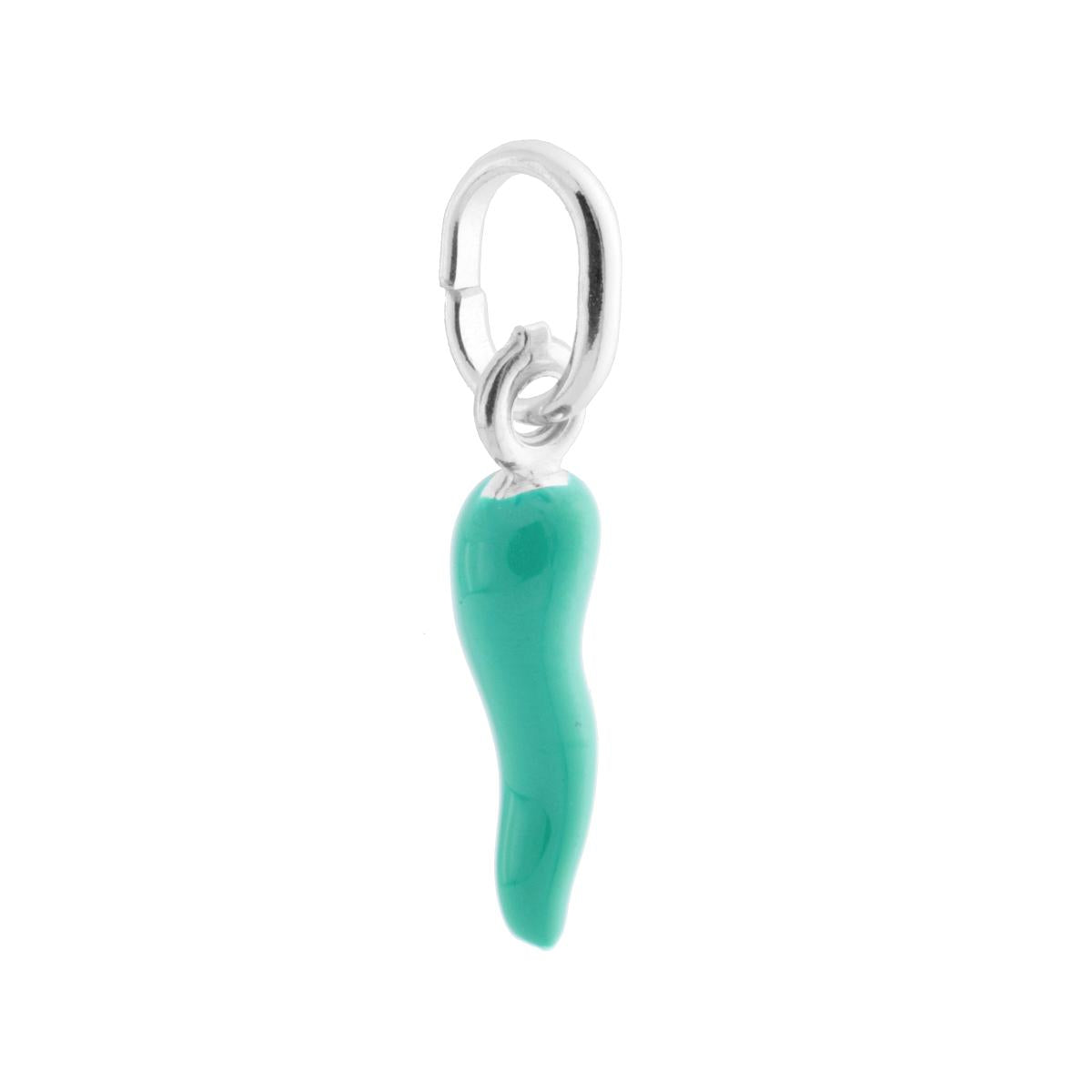 Ciondolo Portafortuna Corno Smaltato Verde Acqua in ARGENTO 925