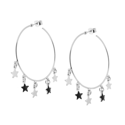Orecchini a Cerchio con Stelle smalto Nero in ARGENTO 925 Galvanica Rodio