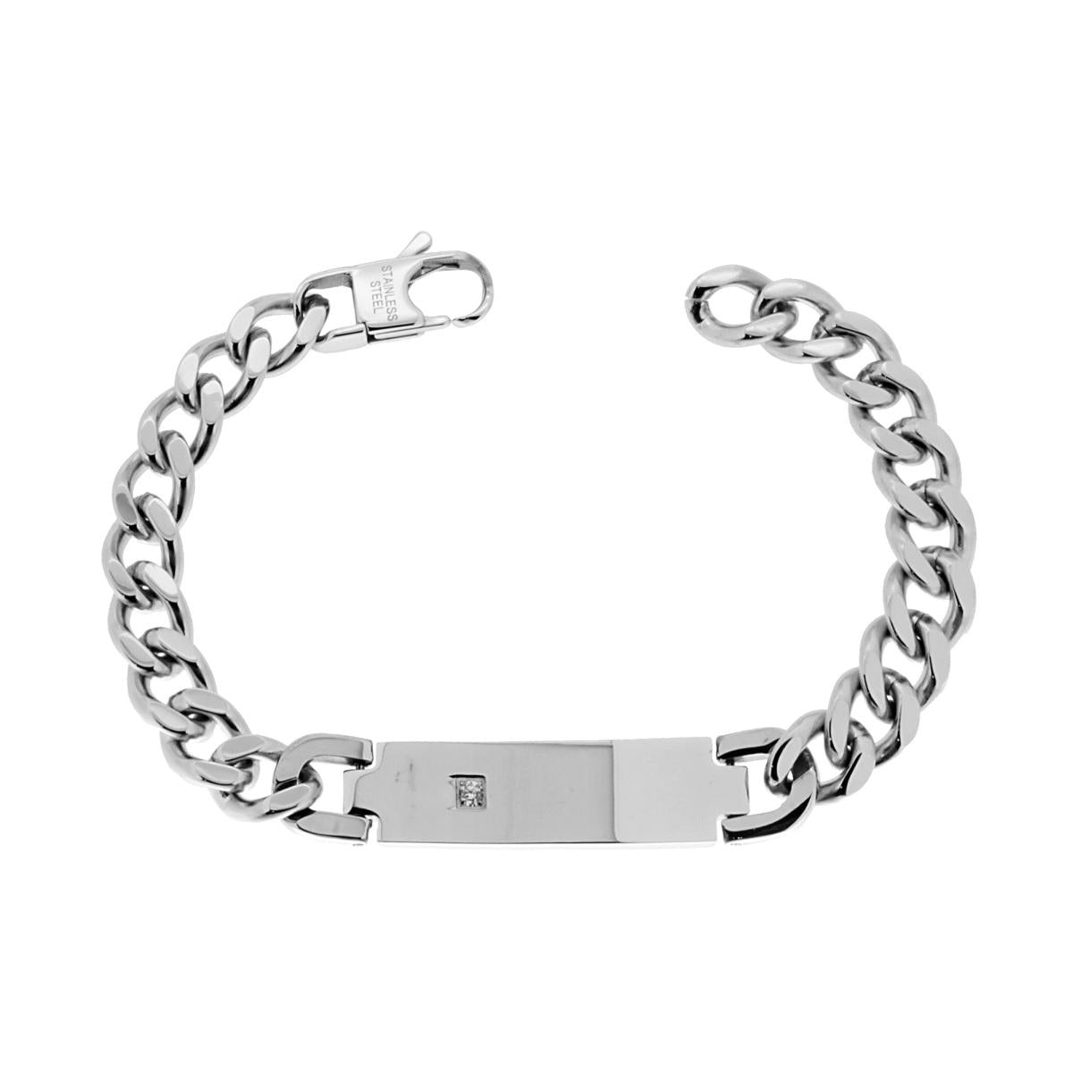Bracciale Uomo Catena Grumetta con Targa con Crystal Bianco in ACCIAIO
