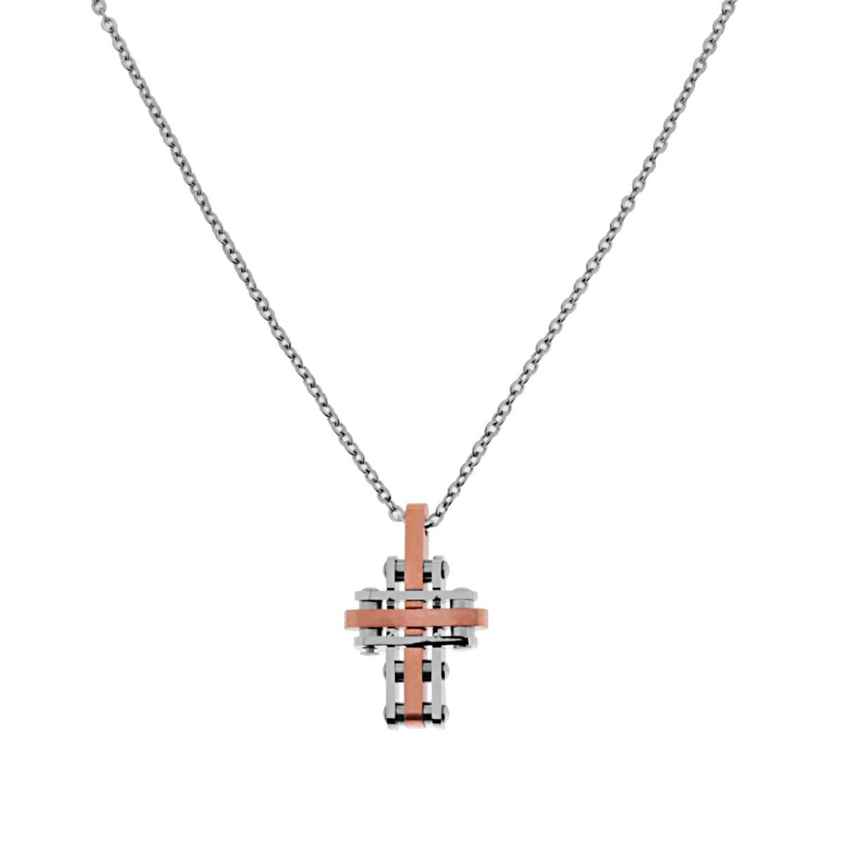 Collana Catena Forzatina con pendente a forma di Croce colore Rosa in ACCIAIO
