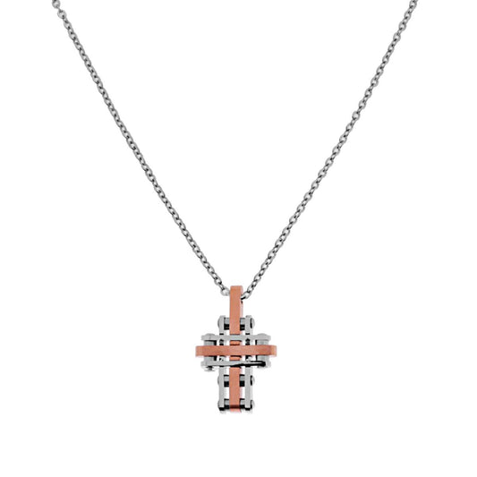 Collana Catena Forzatina con pendente a forma di Croce colore Rosa in ACCIAIO