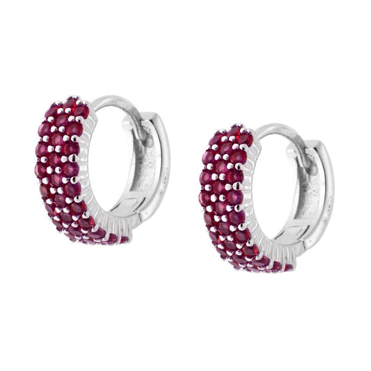 Orecchini Cerchio tre fili con Zirconi Rosso Rubino in ARGENTO 925 Galvanica Rodio