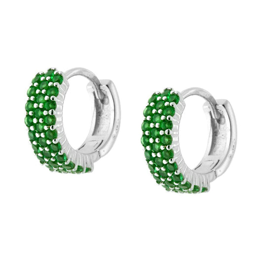 Orecchini Cerchio tre fili con Zirconi Verde Smeraldo in ARGENTO 925 Galvanica Rodio