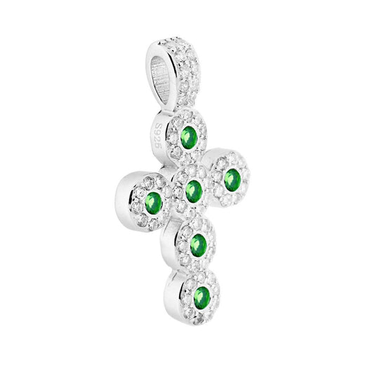 Ciondolo Croce Latina con Zirconi Verde Smeraldo e Zirconi Bianchi in ARGENTO 925 Galvanica Rodio