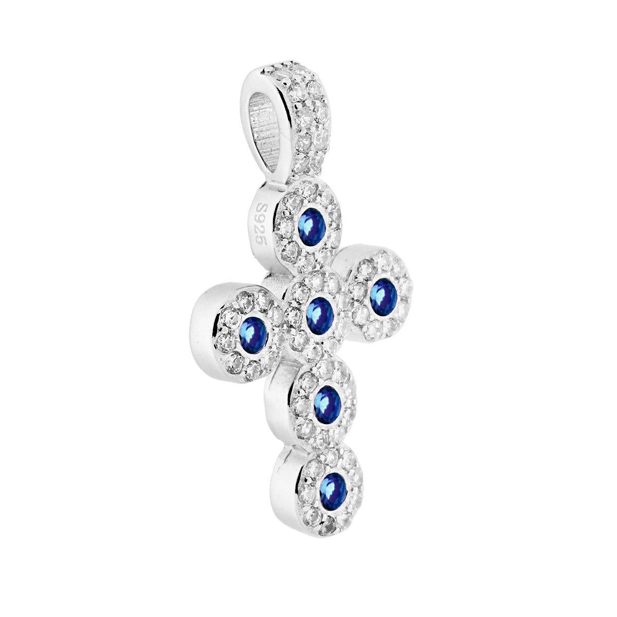 Ciondolo Croce Latina con Zirconi Blu Zaffiro e Zirconi Bianchi in ARGENTO 925 Galvanica Rodio