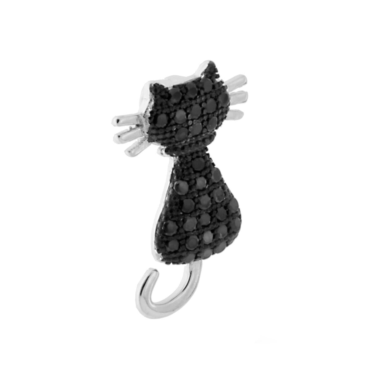 Ciondolo Gatto con Zirconi Neri in ARGENTO 925 Galvanica Rodio
