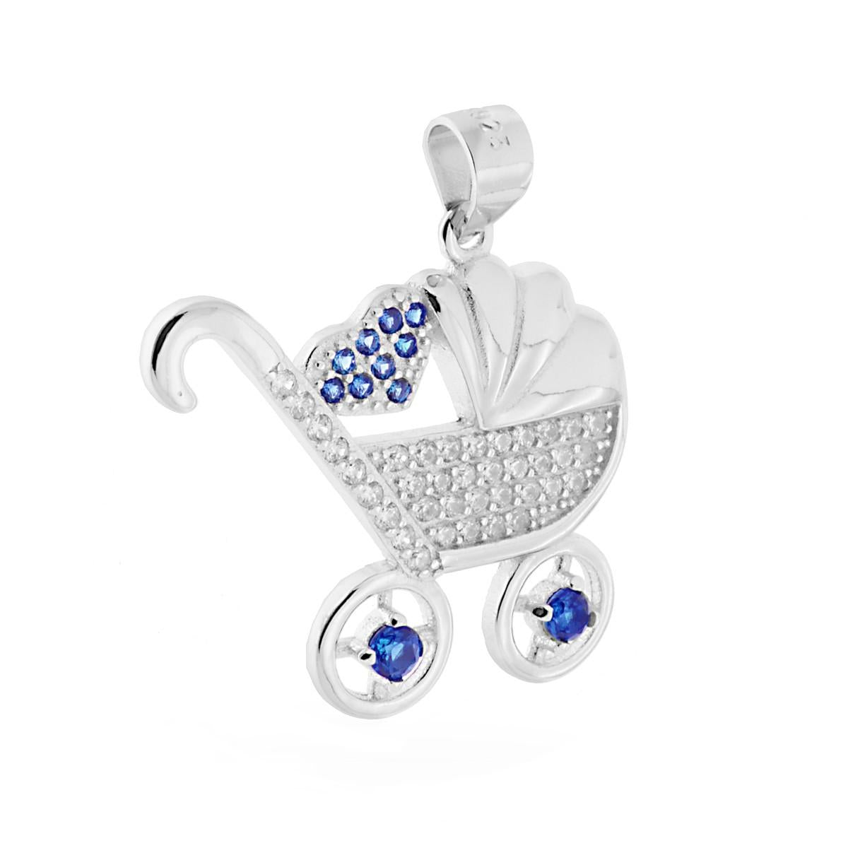 Ciondolo Carrozzina Passeggino Bimbo con Cuore Zirconi Blu in ARGENTO 925 Galvanica Rodio