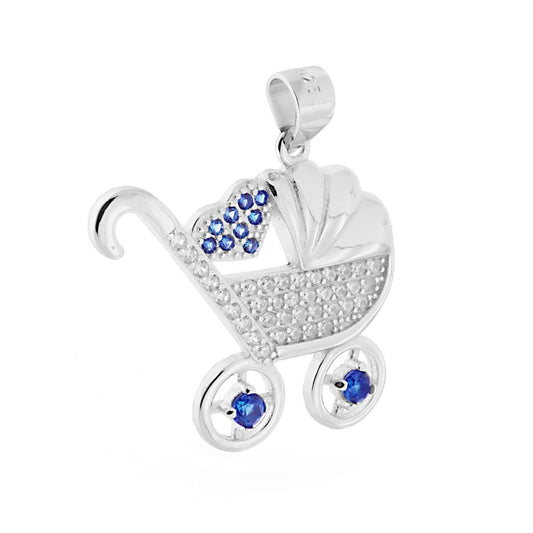 Ciondolo Carrozzina Passeggino Bimbo con Cuore Zirconi Blu in ARGENTO 925 Galvanica Rodio