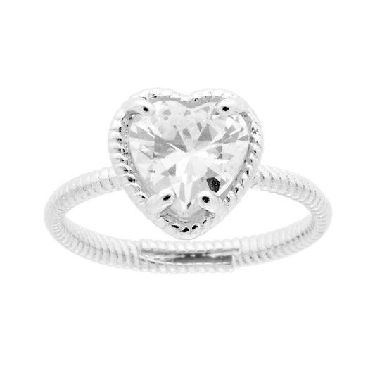 Anello Solitario con Cuore Cubic Zirconia Bianco in ARGENTO 925 Galvanica Rodio