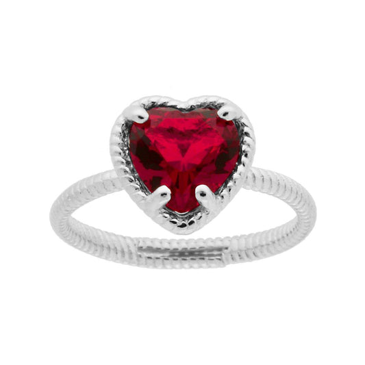 Anello Solitario con Cuore Cubic Zirconia Rosso Rubino in ARGENTO 925 Galvanica Rodio