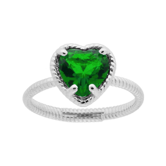 Anello Solitario con Cuore Cubic Zirconia Verde Smeraldo in ARGENTO 925 Galvanica Rodio