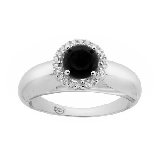 Anello Solitario con Cubic Zirconia Tondo Nero in ARGENTO 925 Galvanica Rodio