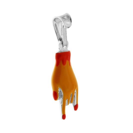 Ciondolo Portafortuna Mano Corna con Smalto Arancione in ARGENTO 925