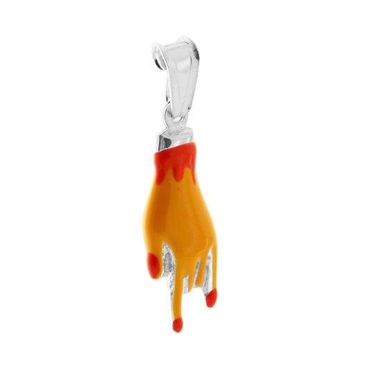 Ciondolo Portafortuna Mano Corna con Smalto Arancione in ARGENTO 925