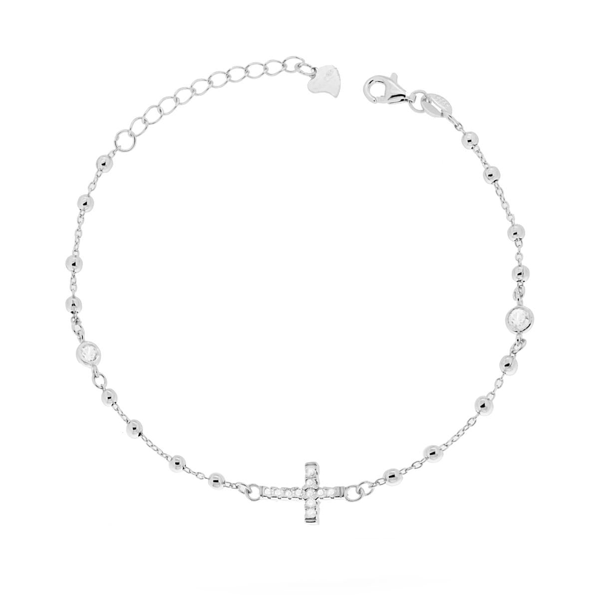 Bracciale Rosario con Croce con Zirconi Bianchi e palline lisce in ARGENTO 925 Galvanica Rodio