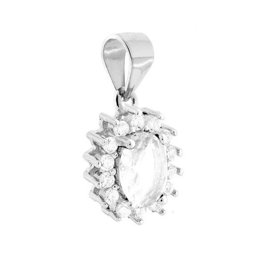 Ciondolo con Zircone Ovale Bianco contornato con Zirconi Bianchi in ARGENTO 925 Galvanica Rodio