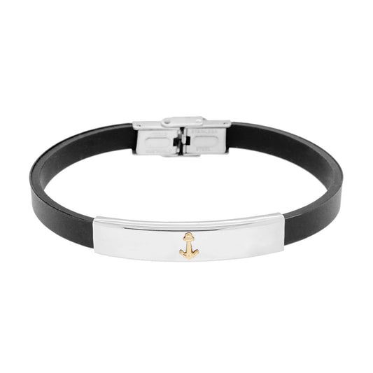 Bracciale in Caucciu PVC nero e Targa con Ancora colore Oro in ACCIAIO