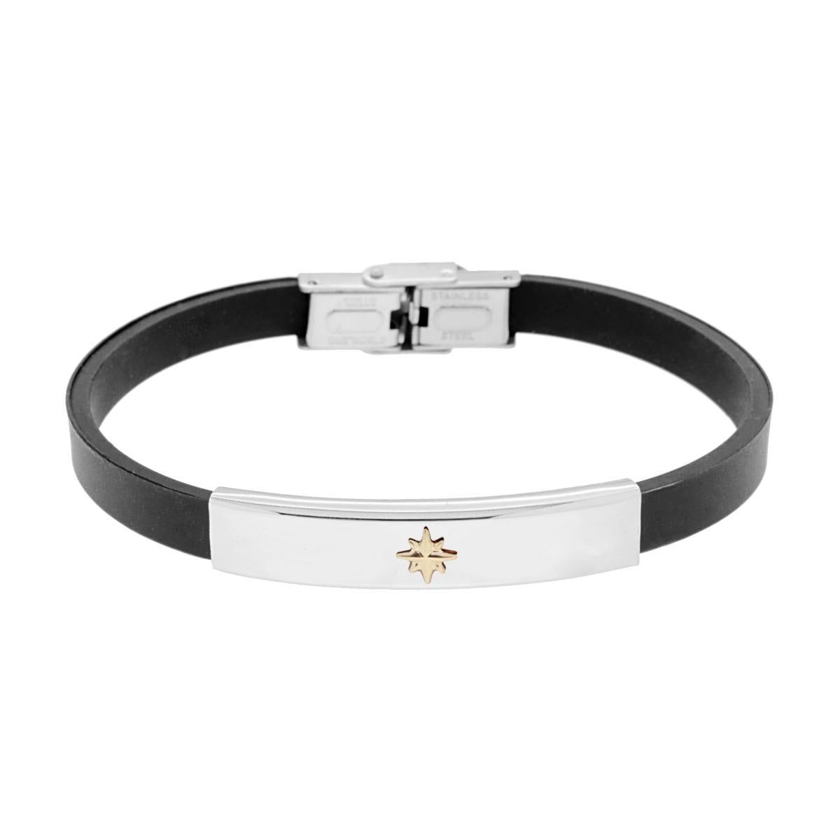 Bracciale in Caucciu PVC nero e Targa con Rosa dei Venti colore Oro in ACCIAIO