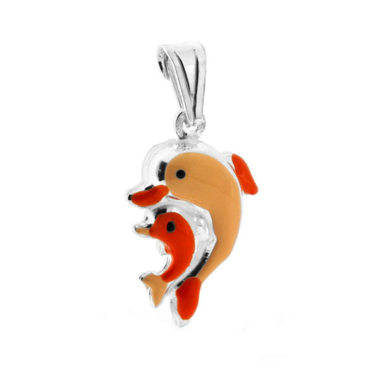 Ciondolo per Bimbo e Bimba con Delfini smaltato Arancione in ARGENTO 925