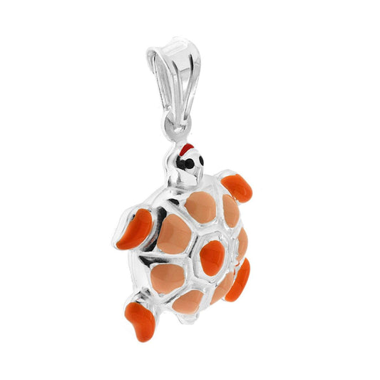 Ciondolo per Bimbo e Bimba con Tartaruga smaltato Arancione in ARGENTO 925
