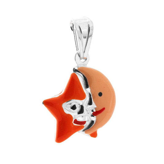 Ciondolo per Bimbo e Bimba con Stella e Luna smaltato Arancione in ARGENTO 925
