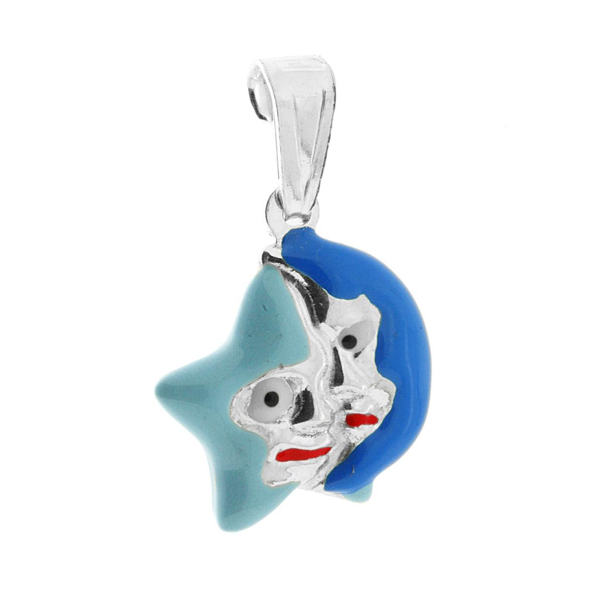 Ciondolo per Bimbo e Bimba con Stella e Luna smaltato Azzurro e Blu in ARGENTO 925