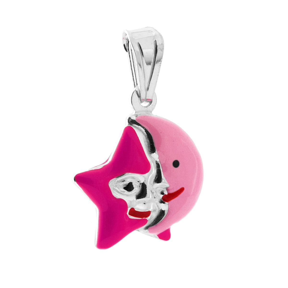 Ciondolo per Bimbo e Bimba con Stella e Luna smaltato Fucsia e Rosa in ARGENTO 925