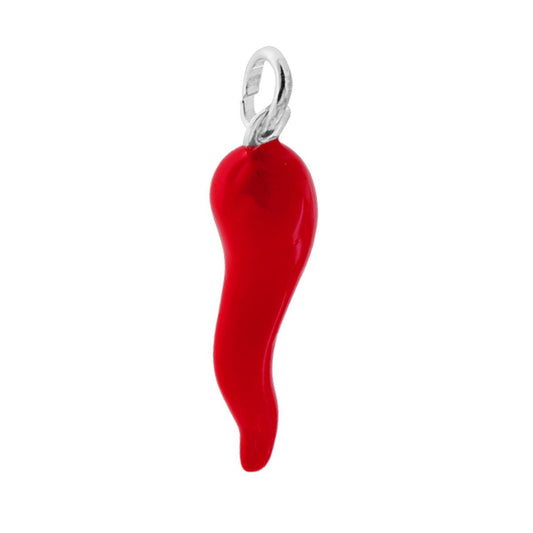Ciondolo Portafortuna Corno mm 34 con Smalto Rosso Corallo in ARGENTO 925