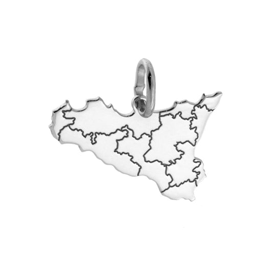 Ciondolo con sagoma plain a forma di Sicilia mm 15x23 con incisione province in ARGENTO 925 Galvanica Rodio