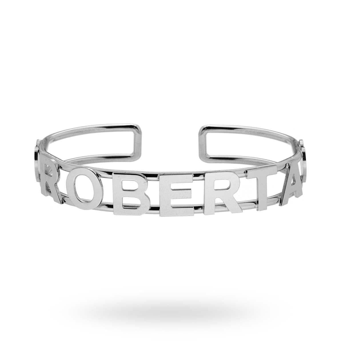 Bracciale Rigido con nome ROBERTA e Cuori Plain in ARGENTO 925 Galvanica Rodio