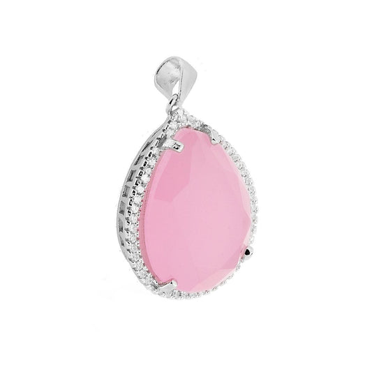 Ciondolo Goccia con Pietra Rosa sfaccettata contornata con Zirconi Bianchi in ARGENTO 925 Galvanica Rodio