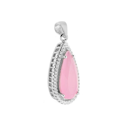 Ciondolo Goccia con Pietra Rosa sfaccettata contornata con Zirconi Bianchi in ARGENTO 925 Galvanica Rodio