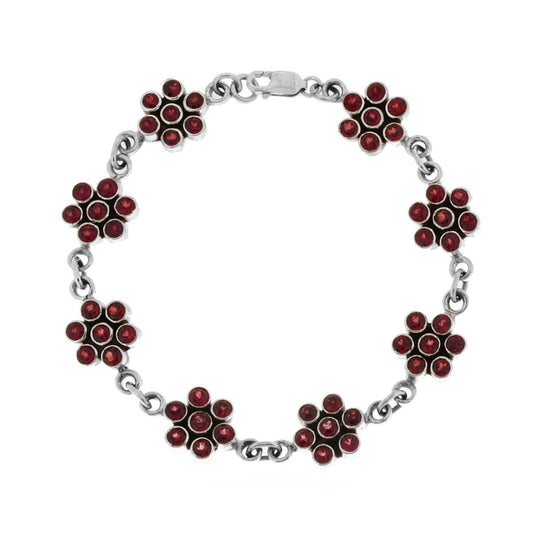 Bracciale Etnico Thailandese Fiori con Pietre Granato in ARGENTO 925