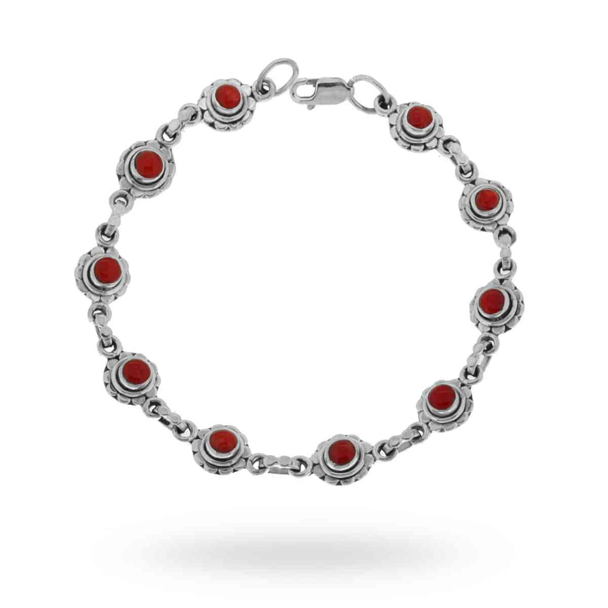 Bracciale Etnico Thailandese con Pietre Corallo in ARGENTO 925