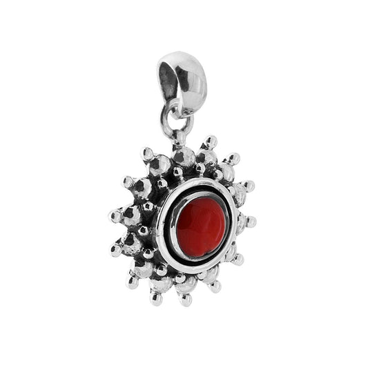 Ciondolo Etnico Thailandese Sole con Pietra Corallo in ARGENTO 925