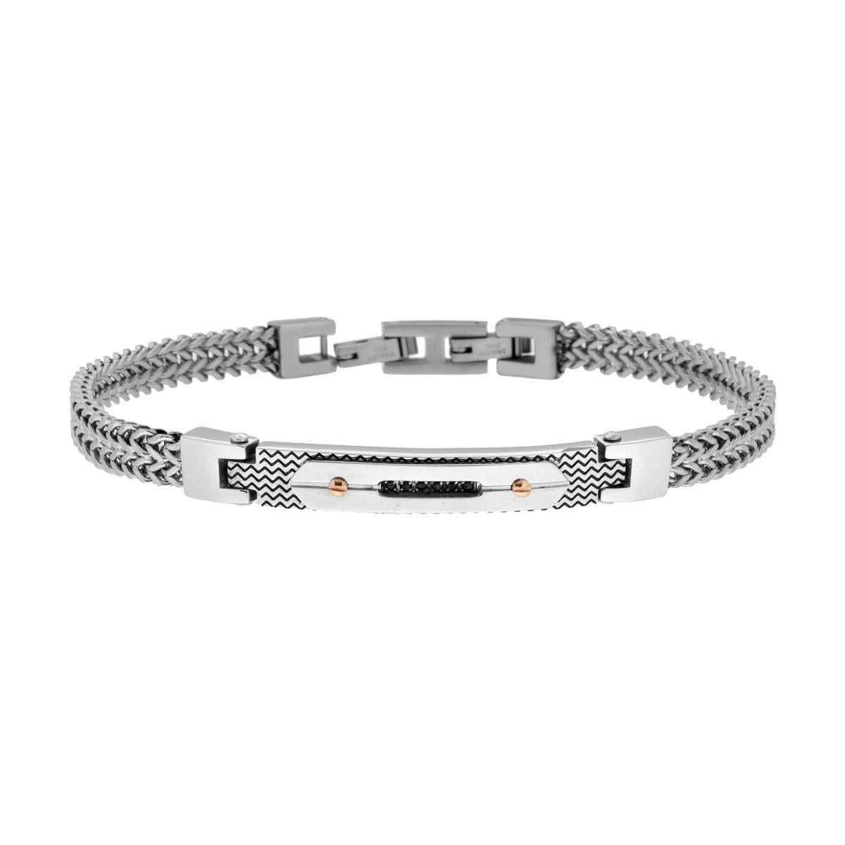 Bracciale Uomo con doppia Catena di Volpe e Targa con Crystal Neri in ACCIAIO