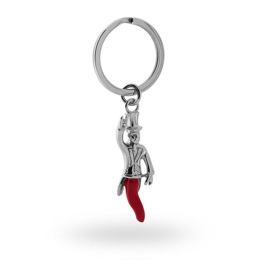 Portachiavi Uomo Donna ad anello con soggetto Portafortuna a forma di Corno Rosso con Omino con Corna in ACCIAIO