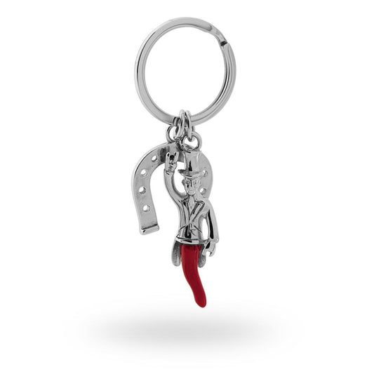 Portachiavi Uomo Donna ad anello con soggetto Portafortuna a forma di Ferro di Cavallo e Corno Rosso in ACCIAIO