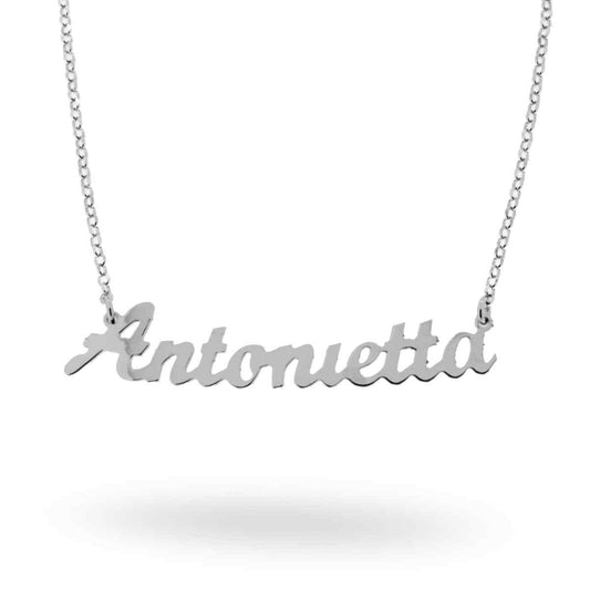 Collana nome Antonietta in corsivo in ARGENTO 925 Galvanica Rodio