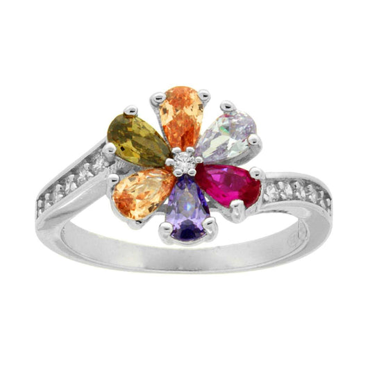 Anello Fiore con Cubic Zirconia Rainbow e Zirconi Bianchi in ARGENTO 925 Galvanica Rodio
