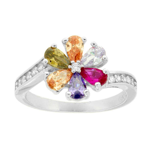 Anello Fiore con Cubic Zirconia Rainbow e Zirconi Bianchi in ARGENTO 925 Galvanica Rodio