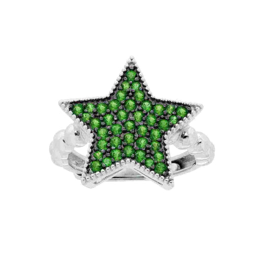 Anello Stella con Cubic Zirconia Verde Smeraldo con gambo pallinato in ARGENTO 925 Galvanica Rodio