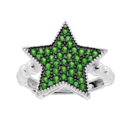 Anello Stella con Cubic Zirconia Verde Smeraldo con gambo pallinato in ARGENTO 925 Galvanica Rodio
