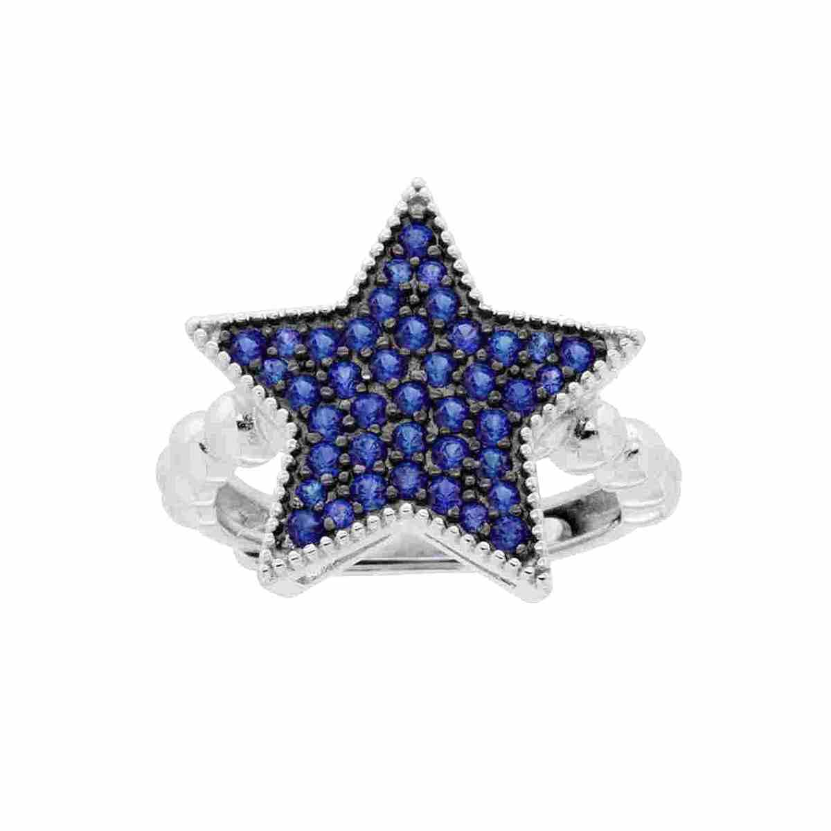 Anello Stella con Cubic Zirconia Blu Zaffiro con gambo pallinato in ARGENTO 925 Galvanica Rodio