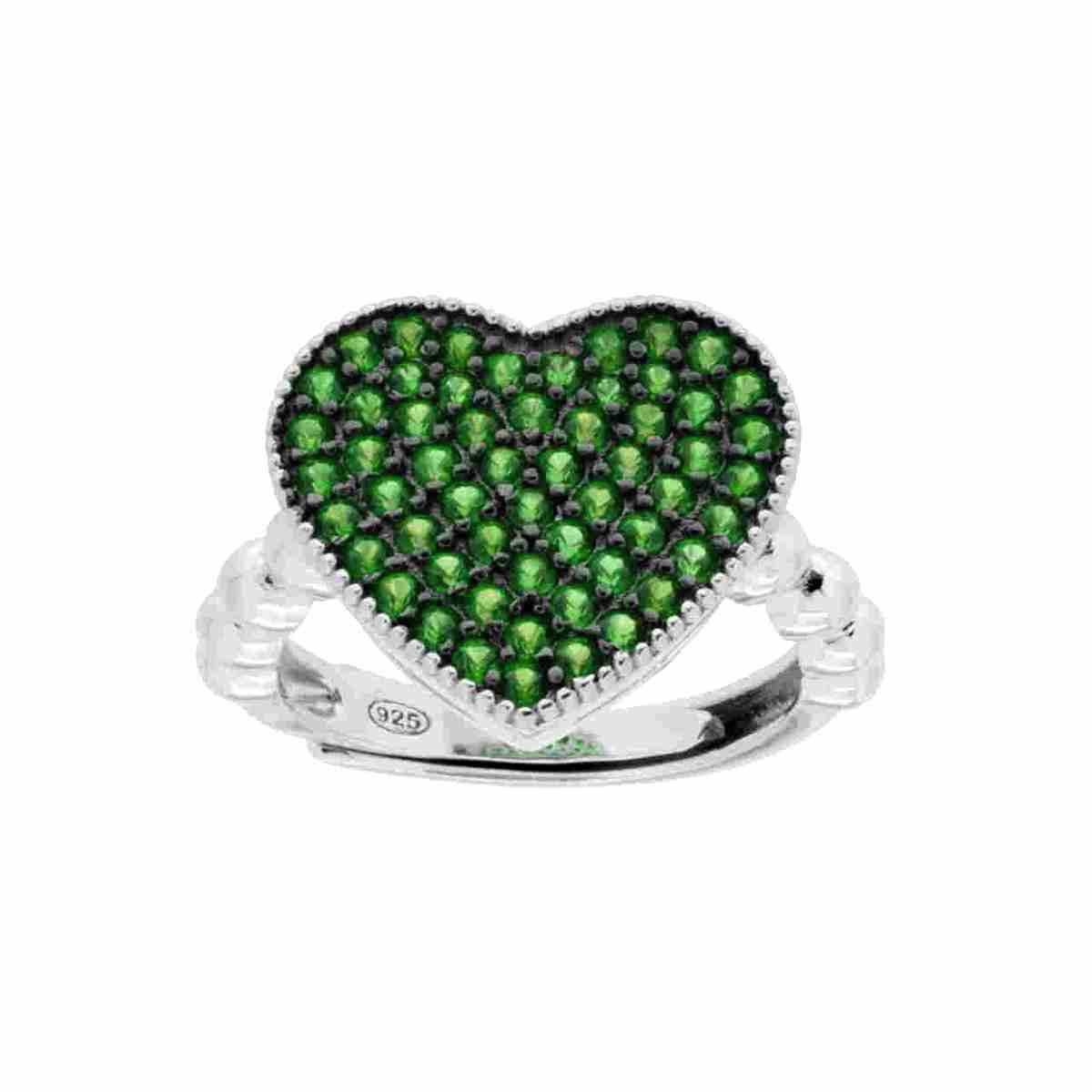 Anello Cuore con Cubic Zirconia Verde Smeraldo in ARGENTO 925 Galvanica Rodio