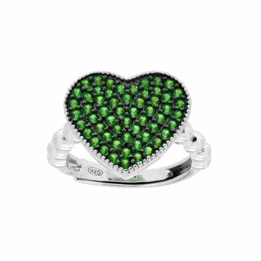 Anello Cuore con Cubic Zirconia Verde Smeraldo in ARGENTO 925 Galvanica Rodio