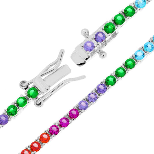 Bracciale Tennis Griffe cm 18 con Zirconi mm 2 Multicolor Rainbow in ARGENTO 925 Galvanica Rodio