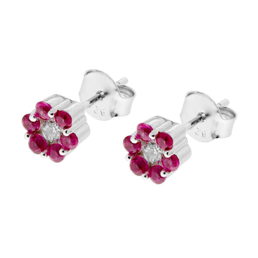 Orecchini Fiore con petali Zirconi Rosso Rubino e centrale Zircone Bianco in ARGENTO 925 Galvanica Rodio