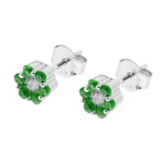Orecchini Fiore con petali Zirconi Verde Smeraldo e centrale Zircone Bianco in ARGENTO 925 Galvanica Rodio